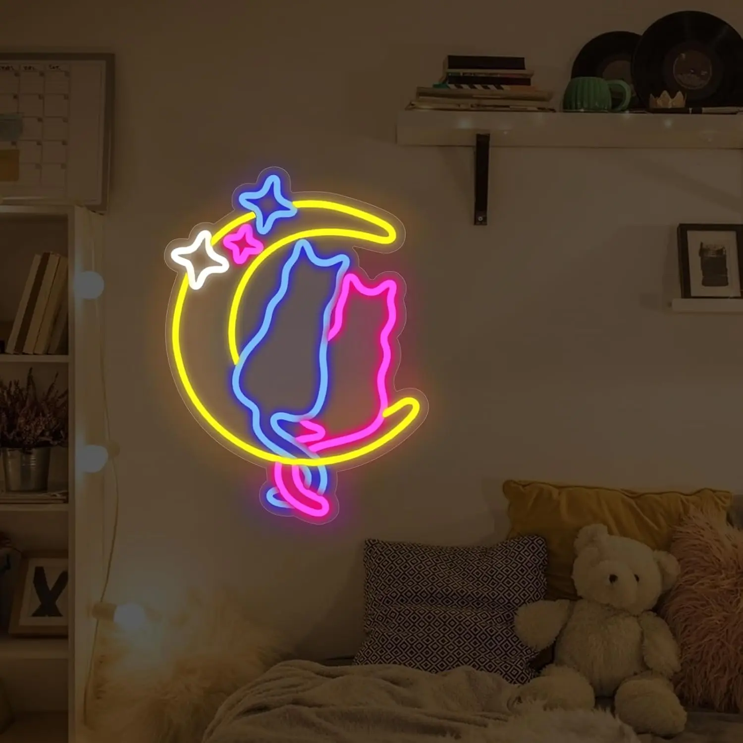 Moon Cat Stars LED Neon Sign USB Kawaii Glow Dimmable Wall Light for Bedroom Kids Room Nursery Cat Cafe Hotel Balcony Party Gift