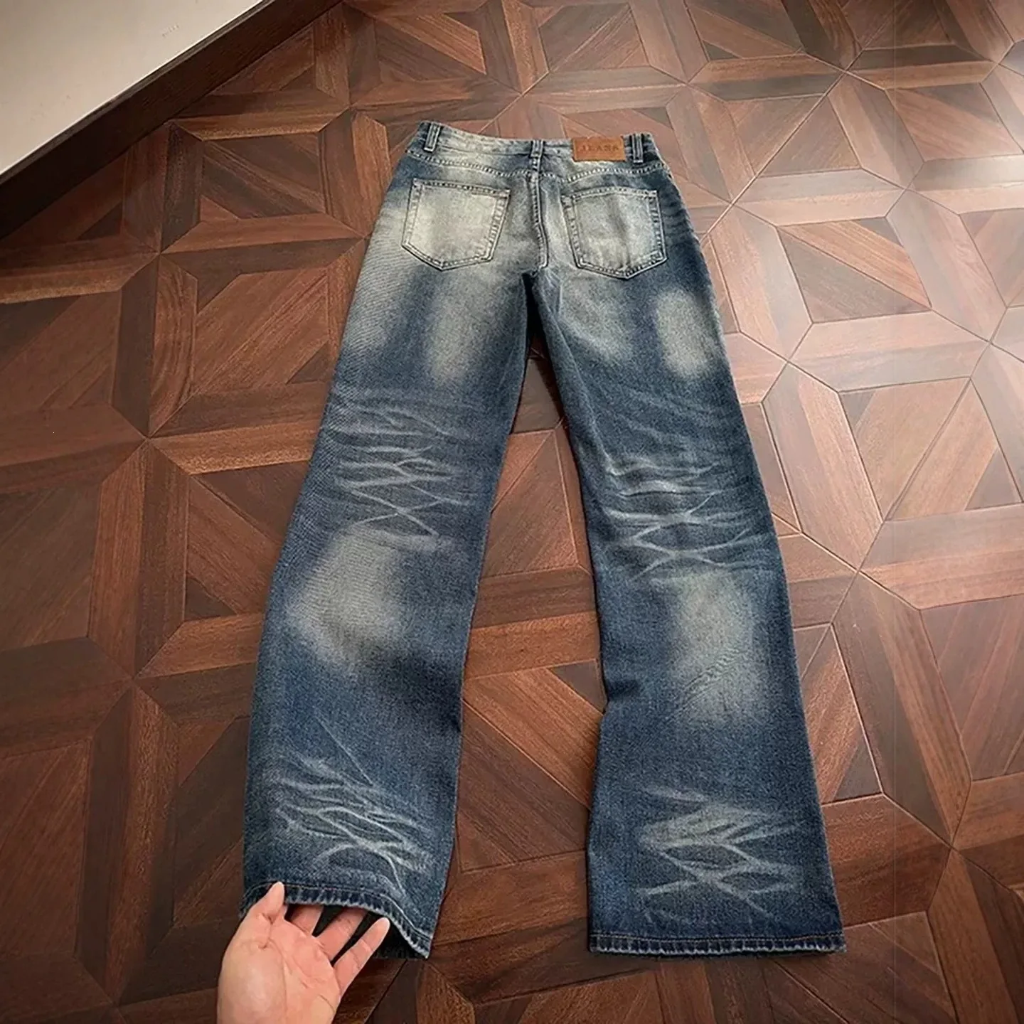 Autumn Winter Retro Men's Jeans American Casual Fashion High Street Washed Distressed Blue Straight Leg Loose Denim Pants