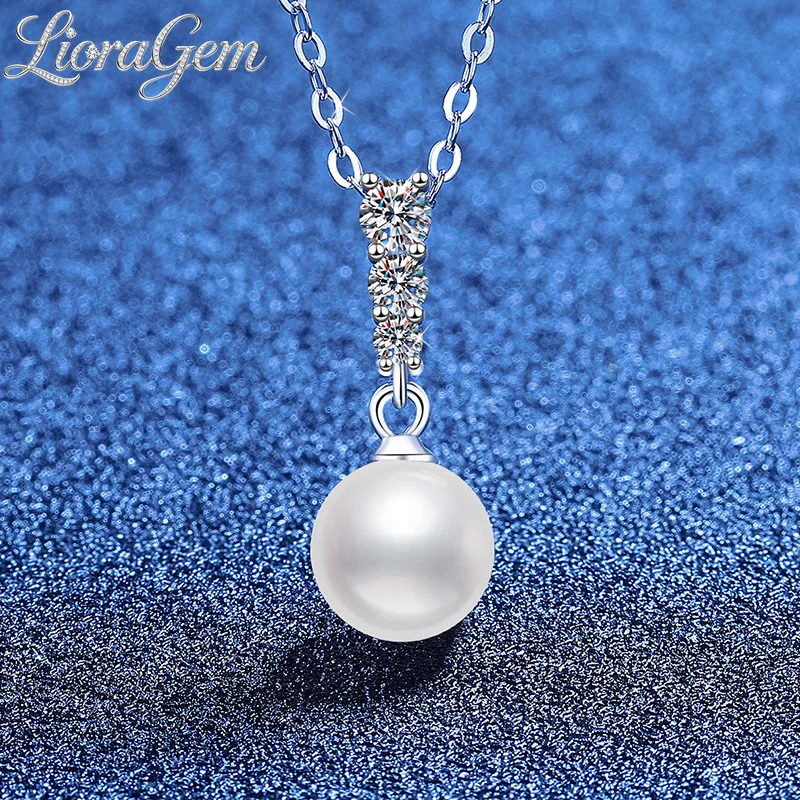 LioraGem Platinum PT950 Moissanite 8mm Pearl Necklace, Vintage Temperament Niche Diamond-studded Clavicle Chain for Women