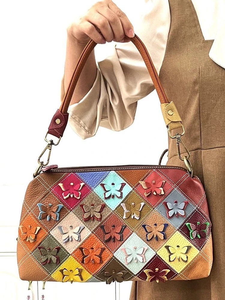 

Patchwoork Genuine Leather Crossbody Bag for Woman Vintage Cow Leather Handbag Fashionable Ladies Cowhide Shoulder or Sling Bag