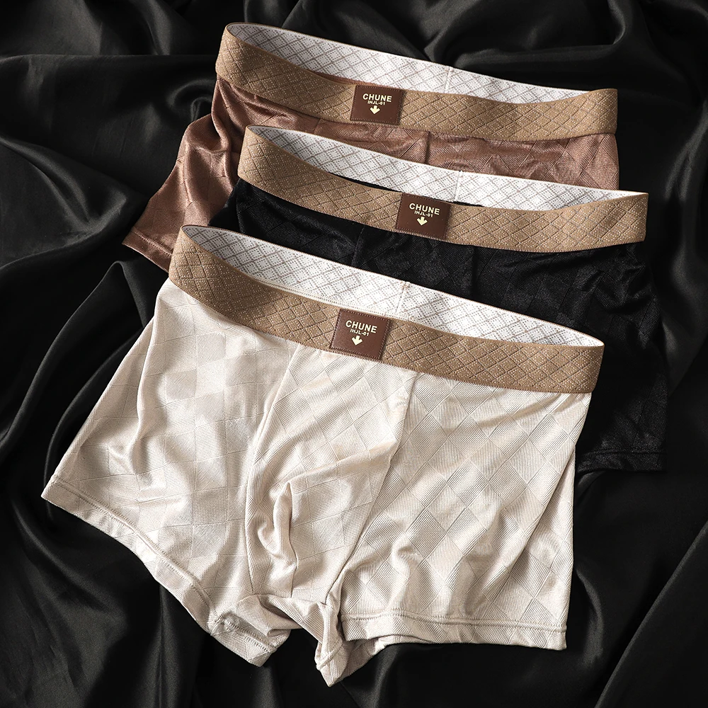 

1/3PCS Luxury Smooth Solid Plaid Men's Panties Cool Quick-dry Ice Silk Breathable Menswear Underwear High Elastic Boxers Hombre