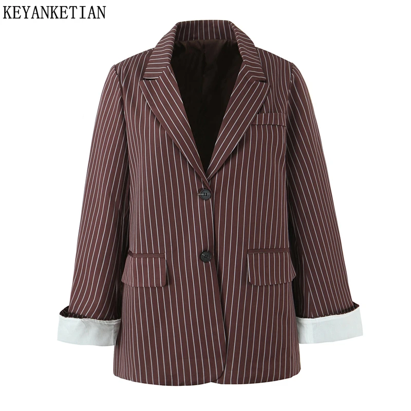 

KEYANKETIAN 2025 новый зимний женский полосатый костюм, топ, однобортный, с клапанами и карманами, офисный женский свободный пиджак, стильная верхняя одежда