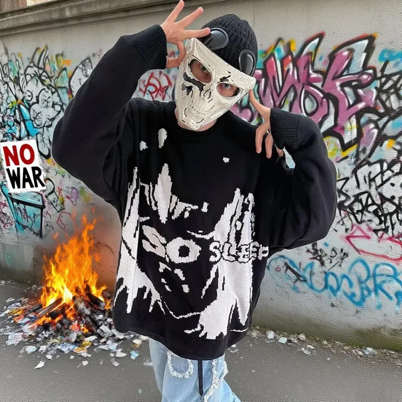 Men Women Black White Anime Graphic Sweater Oversized Loose Long Sleeve Y2K Punk Street Sweatshirt