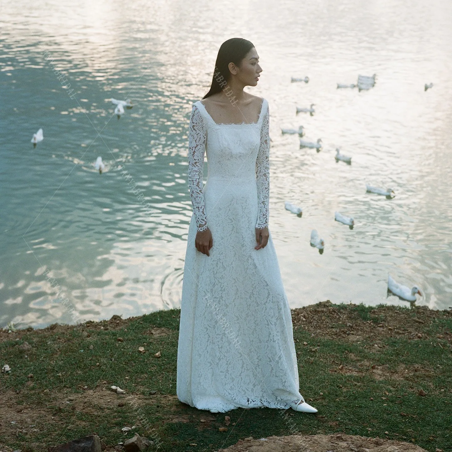 

Кружевное свадебное платье с квадратным воротником, новое платье трапециевидной формы с длинными рукавами длиной до пола, простые свадебные платья, элегантное свадебное платье для фотосессии G4994
