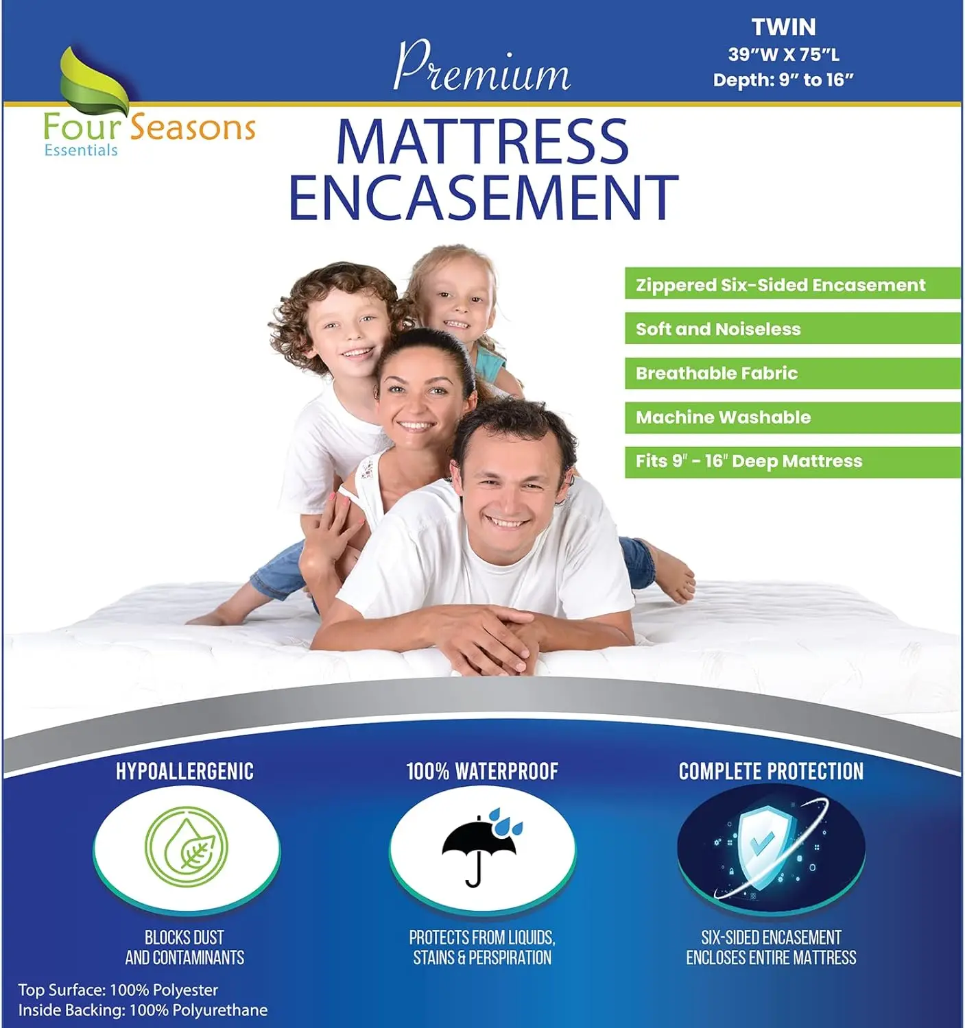 

Twin Size Zippered Bed Bug Mattr Protector Waterproof Encasement Hypoallergenic Premium Bedbug Cover White