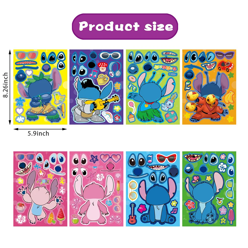 8/16Sheets Disney Stitch Cartoon Puzzle Stickers Children Make a Face DIY Toys Funny Assemble Jigsaw Kids Boys Girls Party Game