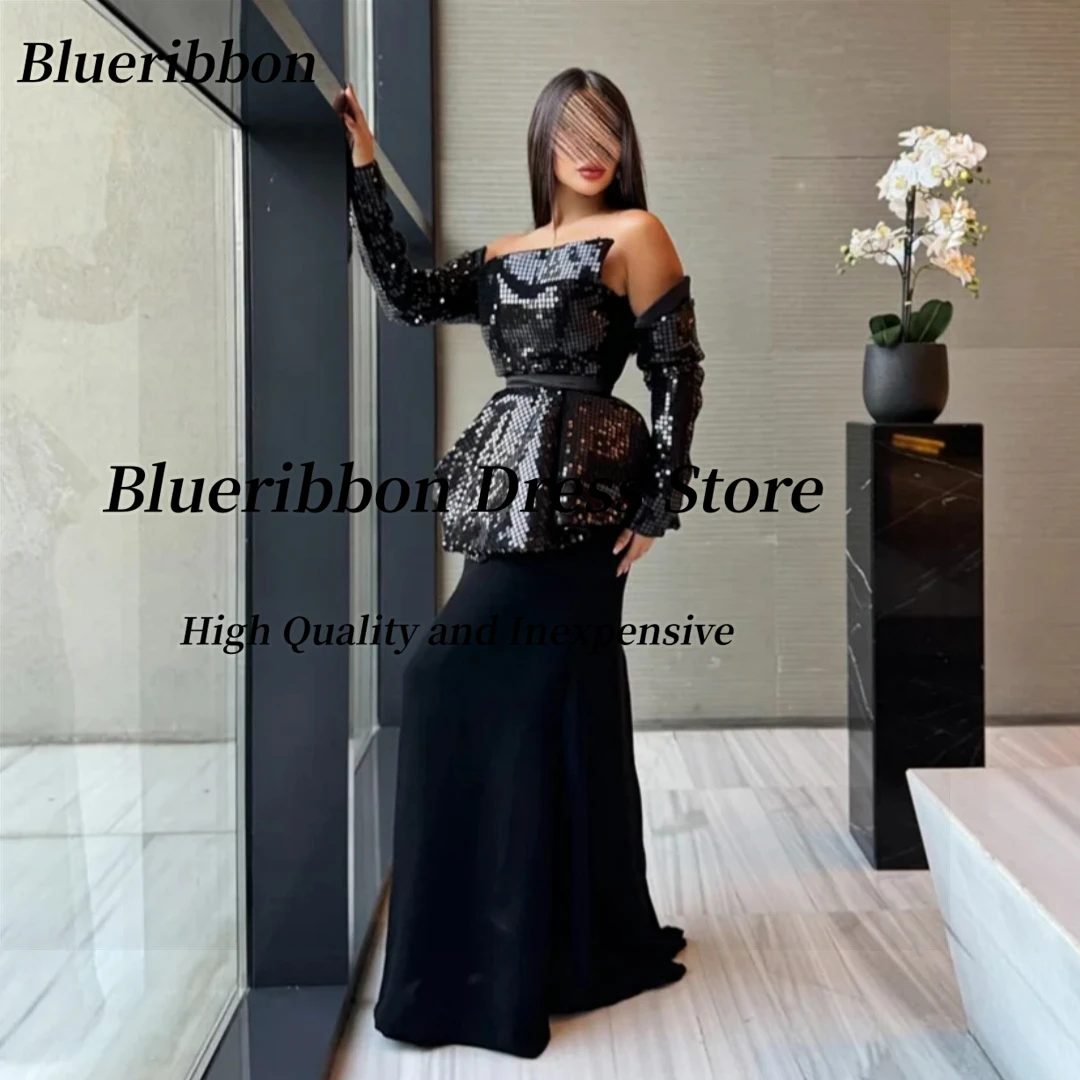 

Blueribbon Black Prom Dresses 2025 Two Pieces Evening Gowns Detachable Long Sleeves Sequins Wedding Party Dress Customized
