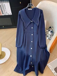 150Kg Plus Size Women's Bust 149 Spring Autumn Loose Retro Navy Collar Long Sleeved Dress Navy Blue 5XL 6XL 7XL 8XL 9XL