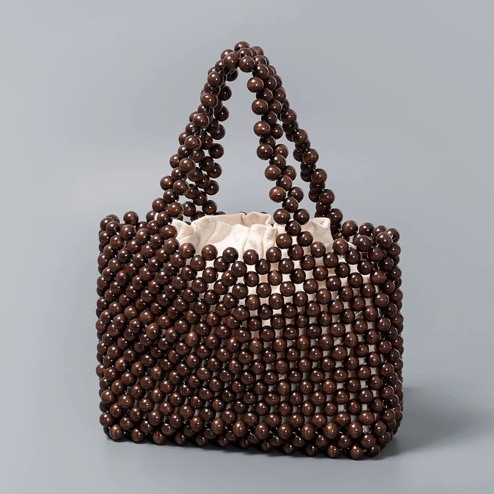 Women Woven Hand Bag Exquisite Design Hollow-out Wooden Bead Female Small Handmade Beaded Handbag