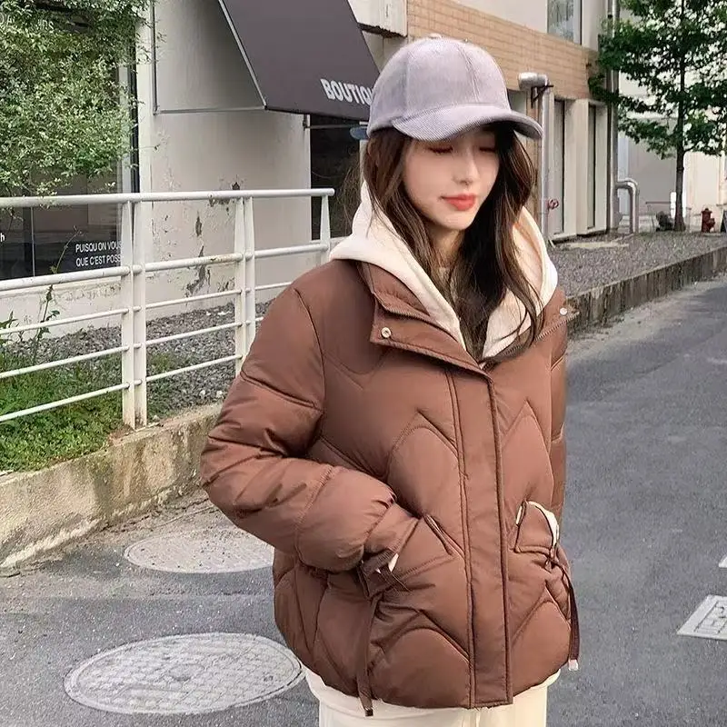 Winter Fashion Parkas Fake two items Short Coats 2025 New Women's Down Cotton Jacket Thick Hooded Tops Female Casual Outwear