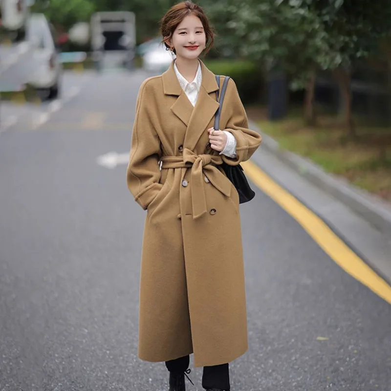 Double-Faced Woolen Coat for Women, Loose Overcoat, Long Double-Breasted, Windbreakers Coat, New Fashion, Autumn Winter, 2025