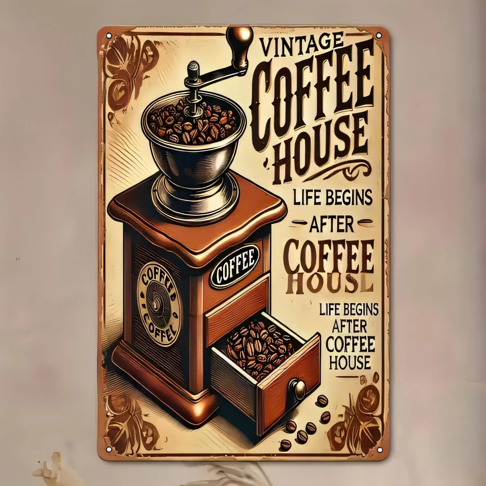 Vintage Coffee House Tin Sign, Coffee Roaster Quote Metal Wall Decor, Rustic Brown Roastery Poster, Life Begins After Coffee Hou