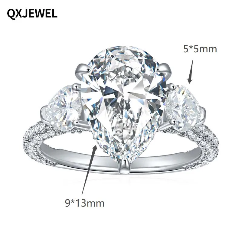 

QXJEWEL 925 Sterling Silver Moissanite Ring 5CT Center 9*13mm Pear Cut Side Stone 5*5mm Heart Shape For Women Wedding