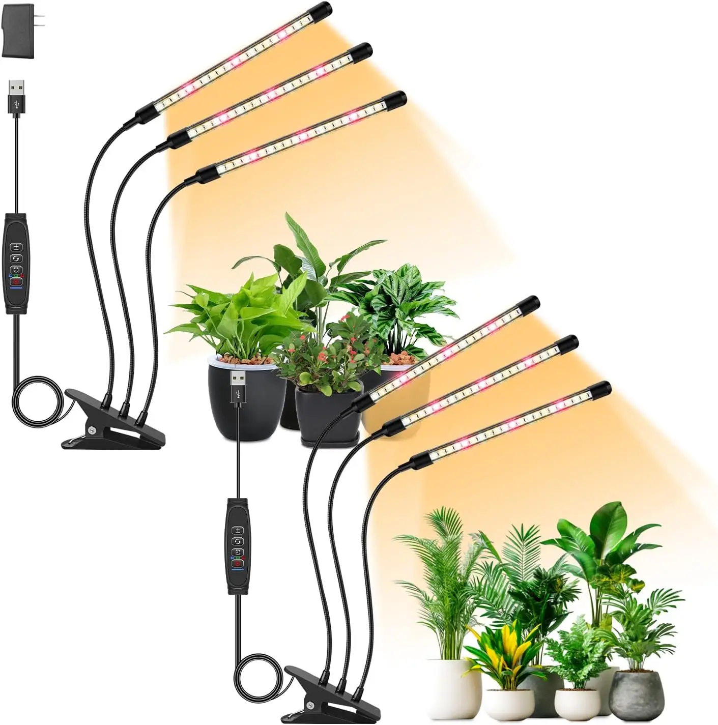 

3-Head Adjustable LED Grow Light with Timer & Dimmable Settings for Indoor Plants, 2-Pack