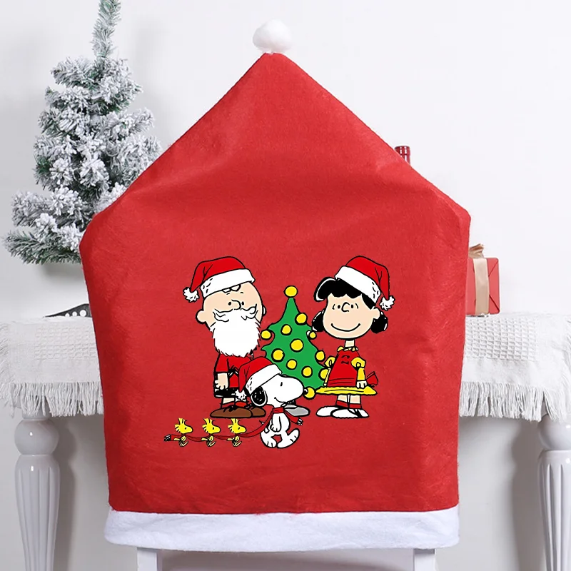 Cute Snoopy Santa Hat Chair Cover Peanuts Comic Cartoon Red Christmas Party Home Dining Table Decoration Anime Xmas Cosplay Gift