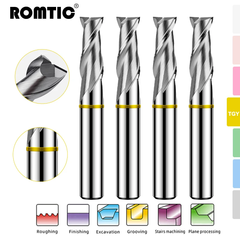 ROMTIC TGY-HRC55 2-Flute For Aluminu Tungsten Steel Carbide Milling Cutter CNC Mechanical Machining Center Flat End Mill Tools