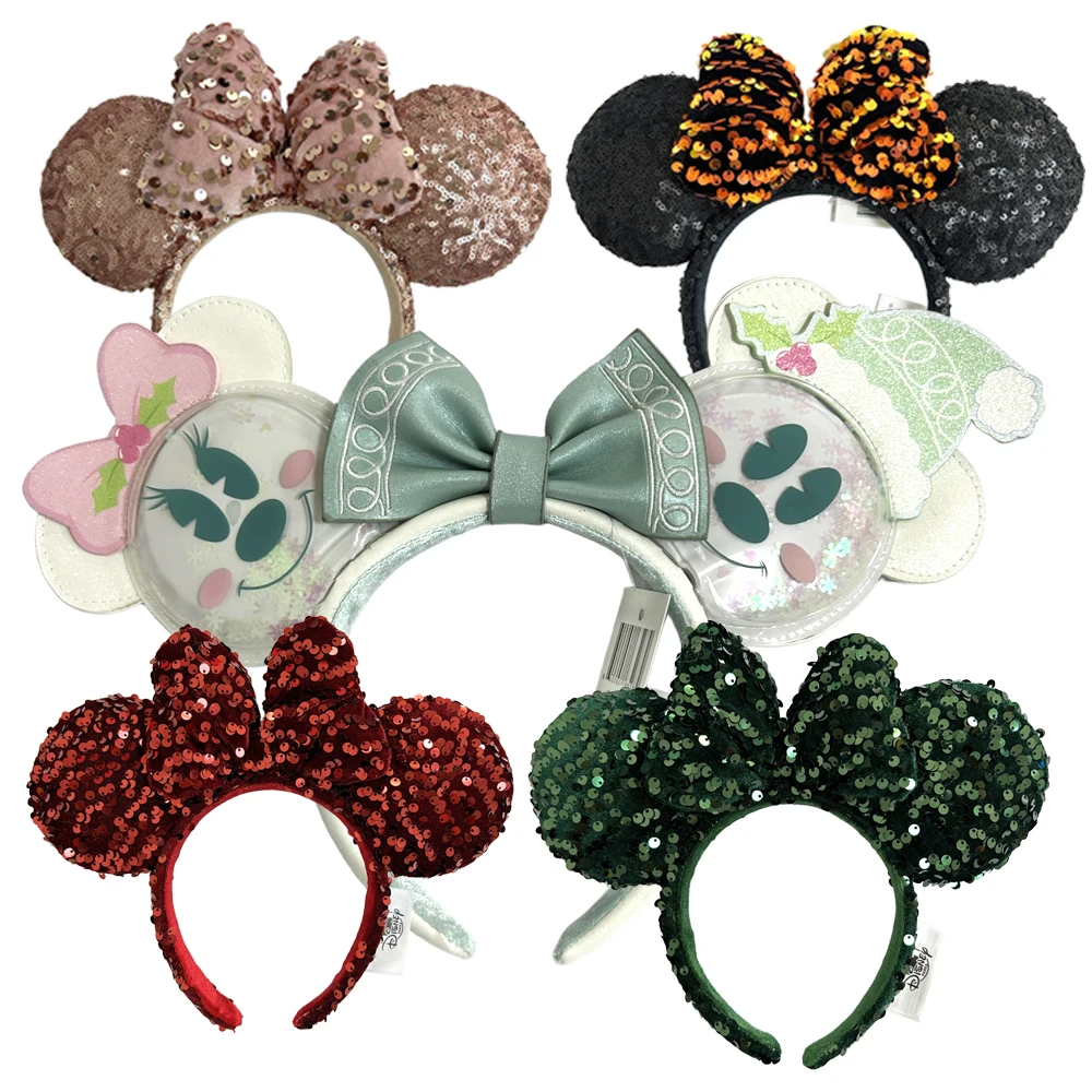 

2025 Disney Minnie Mouse Ear Headband Large Sequin Solid Color Hairbands Party Christmas Halloween Cosplay Costume for Girls
