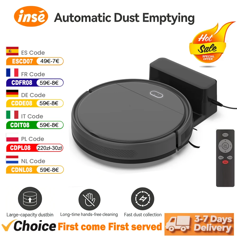Robot aspirateur 3-en-1 auto-nettoyant, balayeuse autonome avec forte aspiration, serpillière détachable pour tapis et poils d'animaux domestiques