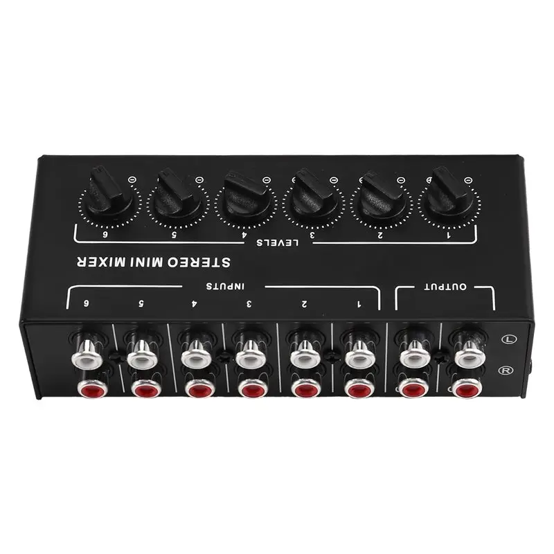 B29C-Portable Stereo 6 Channel Passive Mixer 6 In 2 Out RCA Audio Distributor Volume Control No Battery Needed