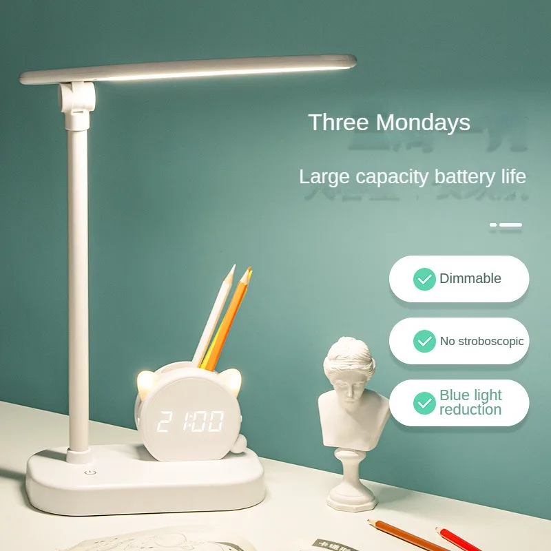 

LED Eye Protection Clock Desk Light Pen Holder USB Charging Bedroom Bedside Light Student Dormitory Study Learning Desk Lamps