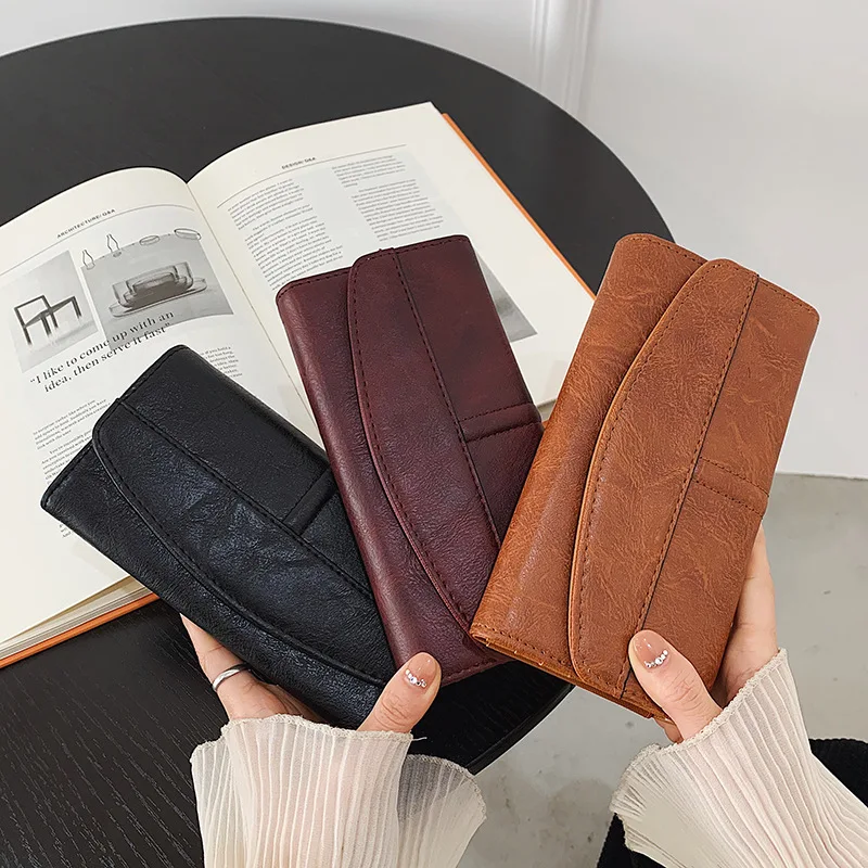 

Wholesale2024New Wallet Women's Long Clutch Retro Oil Waxed Leather Clip Large Capacity Multi-Functional Female Wallet Fashion