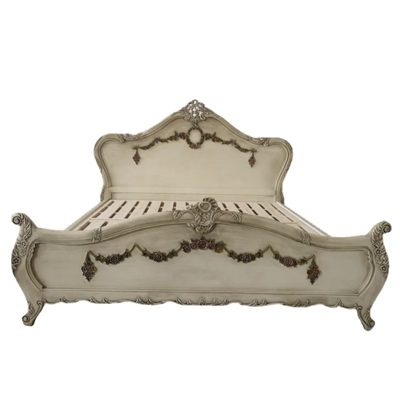 

French solid wood high-end retro carved solid wood bed, European-style old white luxury double bed
