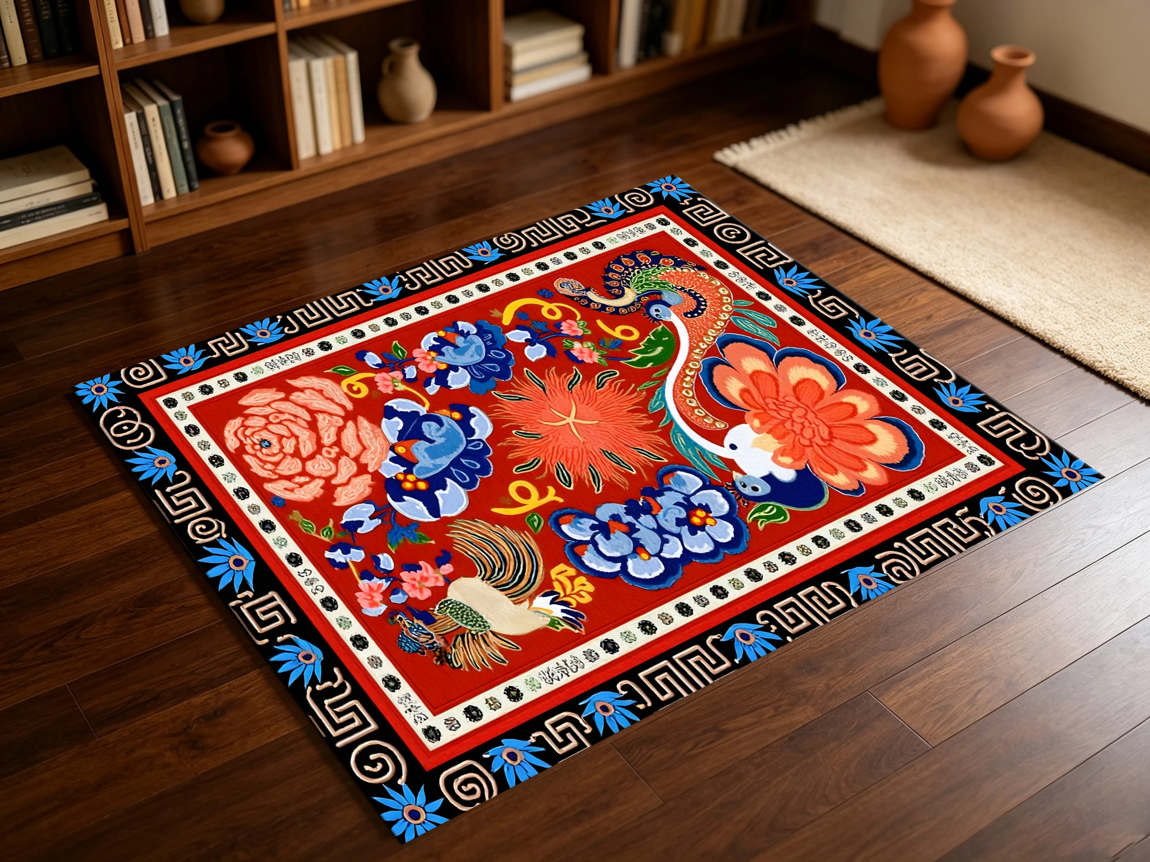 2D Large Carpet with Folk Auspicious Beasts and Floral Patterns, Retro Ethnic Style, Suitable for Living Room, Coffee Table, Bedroom, and Bedside, Instantly Refreshes Autumn and Winter Decorations