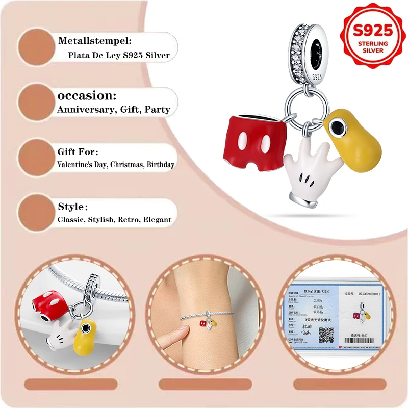 

Disney 925 Silver Mickey Clothing Three-piece Set Charms Beads Hot Women Original 925 Bracelet Bangle DIY Jewelry Pendant Gifts