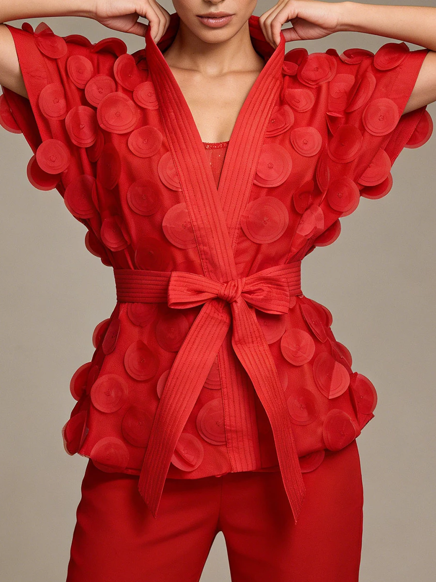 VGH Zwart Chic Gesplitst 3D Ronde Decoratie Shirt voor Vrouwen V-hals Korte Mouw Patchwork Lace Up Avondblouses Vrouwelijke Nieuw