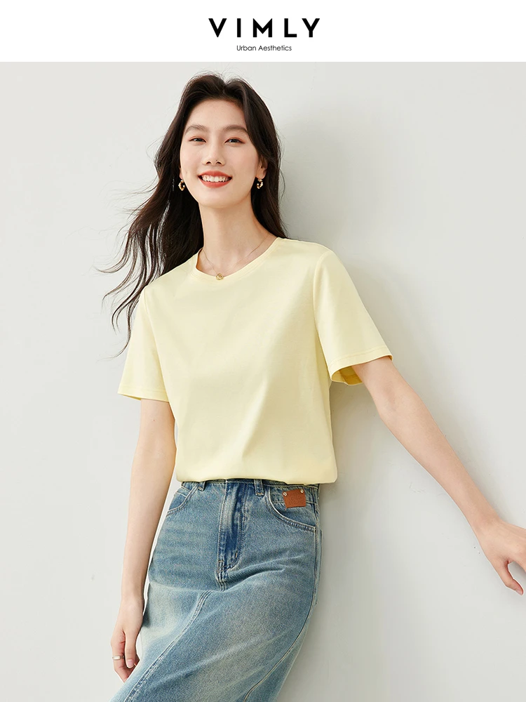 Vimly Short Sleeve Summer Basics T-shirt for Women 2024 Simple Cotton 100% Casual Tees Round Neck Pullovers Woman Clothing M6931