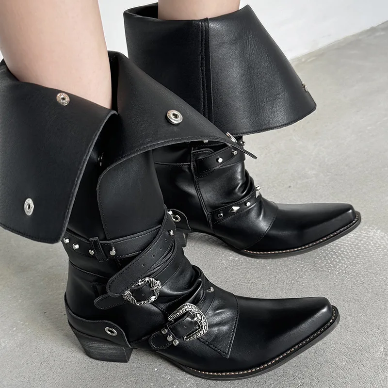 

Arden Furtado 2025 Autumn Belt buckle cowhide Western boots Square to Pull-on Middle heel rivet Knee high boots cowboy boots