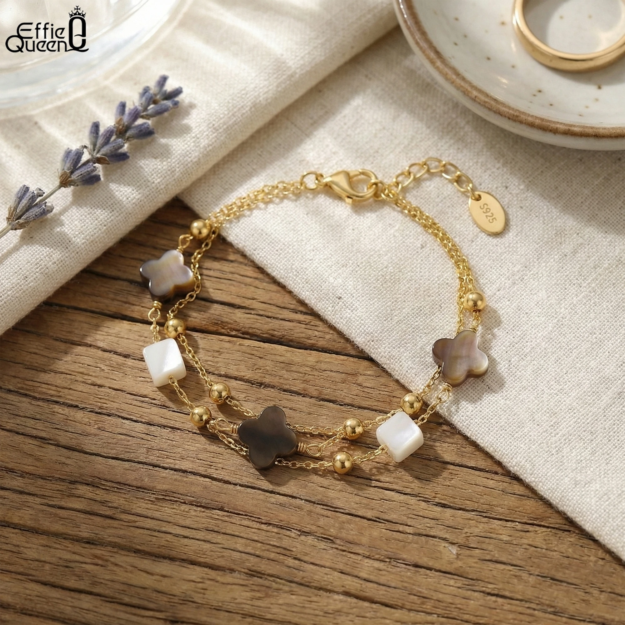 EFFIE QUEEN 925 Pure Silver 14k Gold Four Leaf Clover Chain Bracelet Lucky Jewelry for Women, Men Banquet Birthdays Gift GMB66