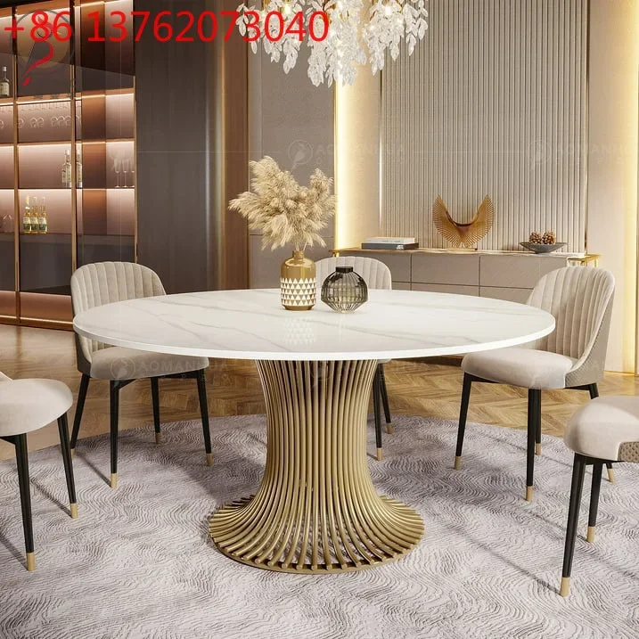 Italian round dining table simple modern villa stainless steel high-end marble metal dining table