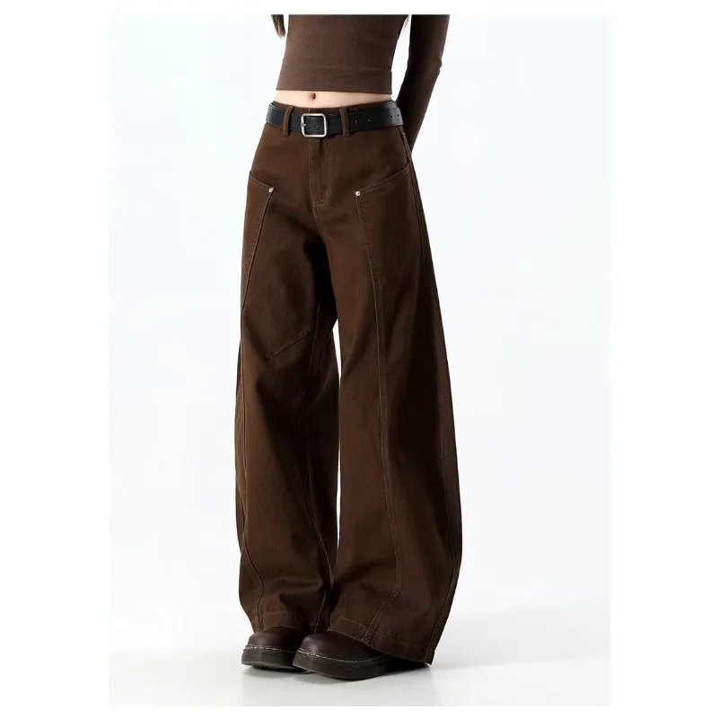 2026 Japanese Y2K Style Vintage Brown Patchwork Baggy Women's Jeans Pants Wide Leg Woman Clothing Casual Cotton Long Trousers 2