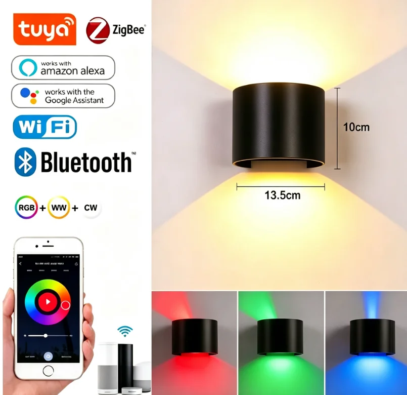 Lámpara de Pared Inteligente WiFi/Zigbee Tuya, IP65 Impermeable, Luz Arriba y Abajo LED RGBWWCW Compatible con Alexa y Google