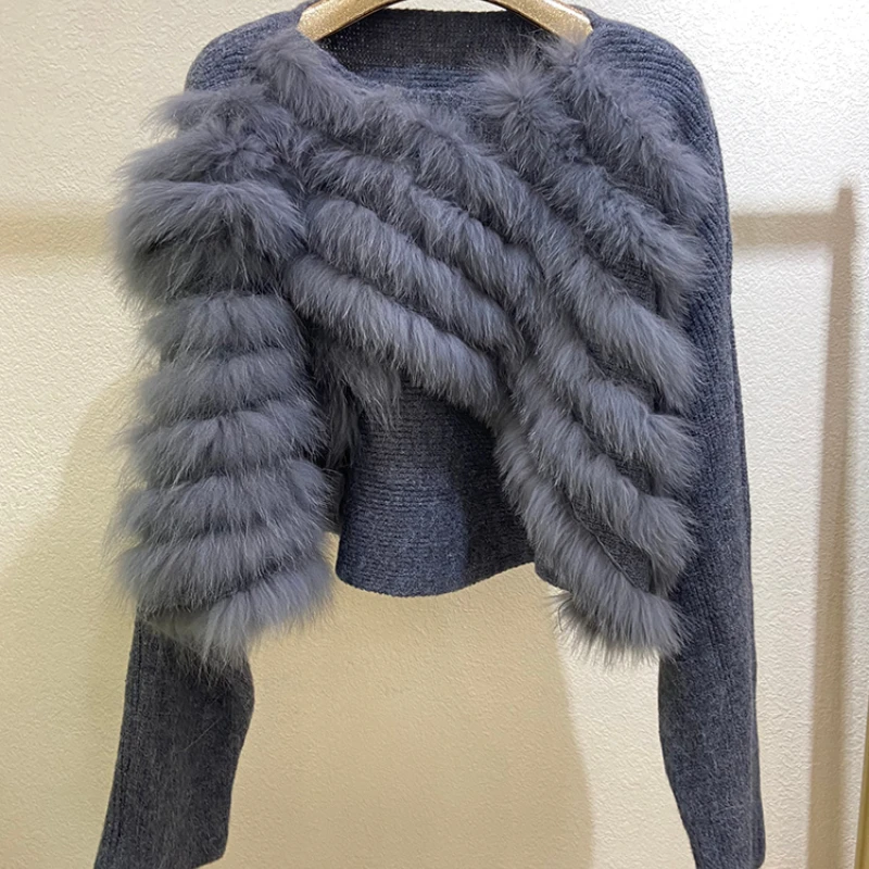 

2023 Women Real Fur Loose Autumn and winter Short Sweater Coat Fashion Special Design Real Fox Fur Sexy Short Sweater