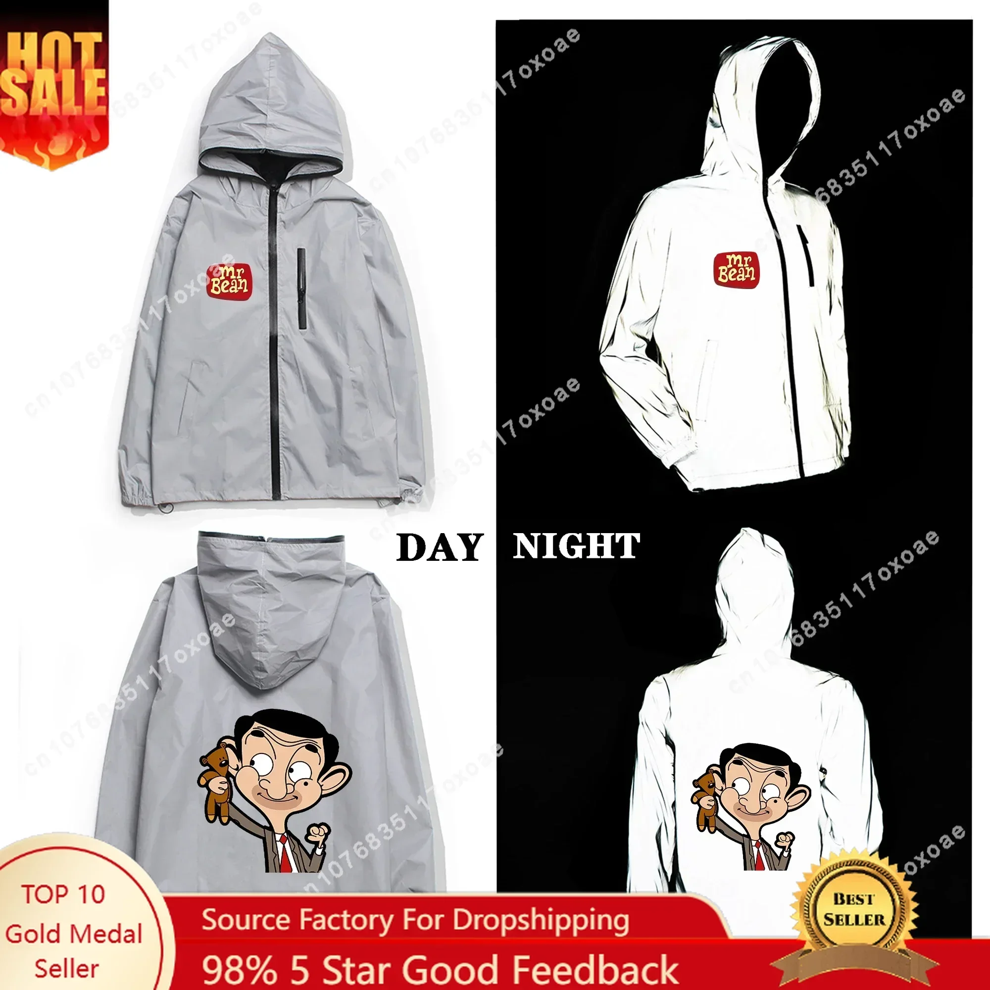 M-Mr B-Bean Reflective Jacket Mens Womens Coat Hooded Windbreaker Pocket Jackets Anime Cartoon Manga Customization Hoodie