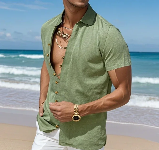 

Summer Retro Linen Shirt Men's Casual Short Sleeved Button Up Shirt Breathable Stand Up Collar T-shirt New Shirt