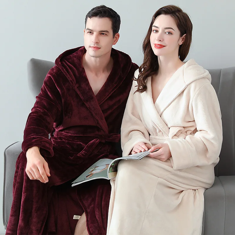 

Women Men Winter Plus Size Flannel Robe Extra Long Hooded Warm Bathrobe Lovers Thick Kimono Bath Robe Male Dressing Gown Robes