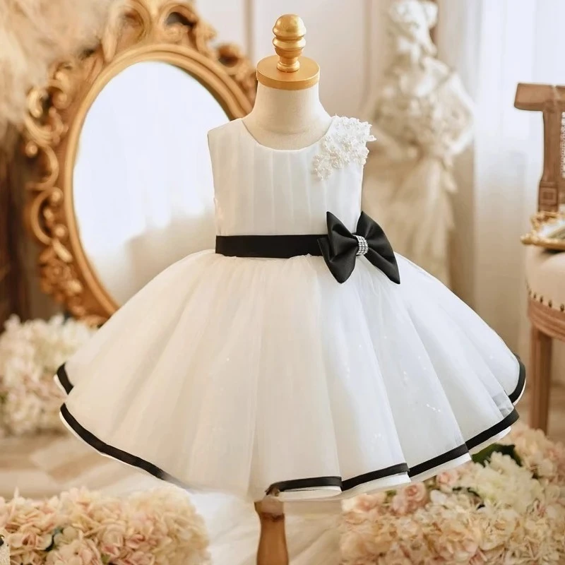 

Party Dress Black Bow Belt Children Girls Princess Wear Evening Gown Stage Performance Baby 100 Days Celebration Tutu Dresses