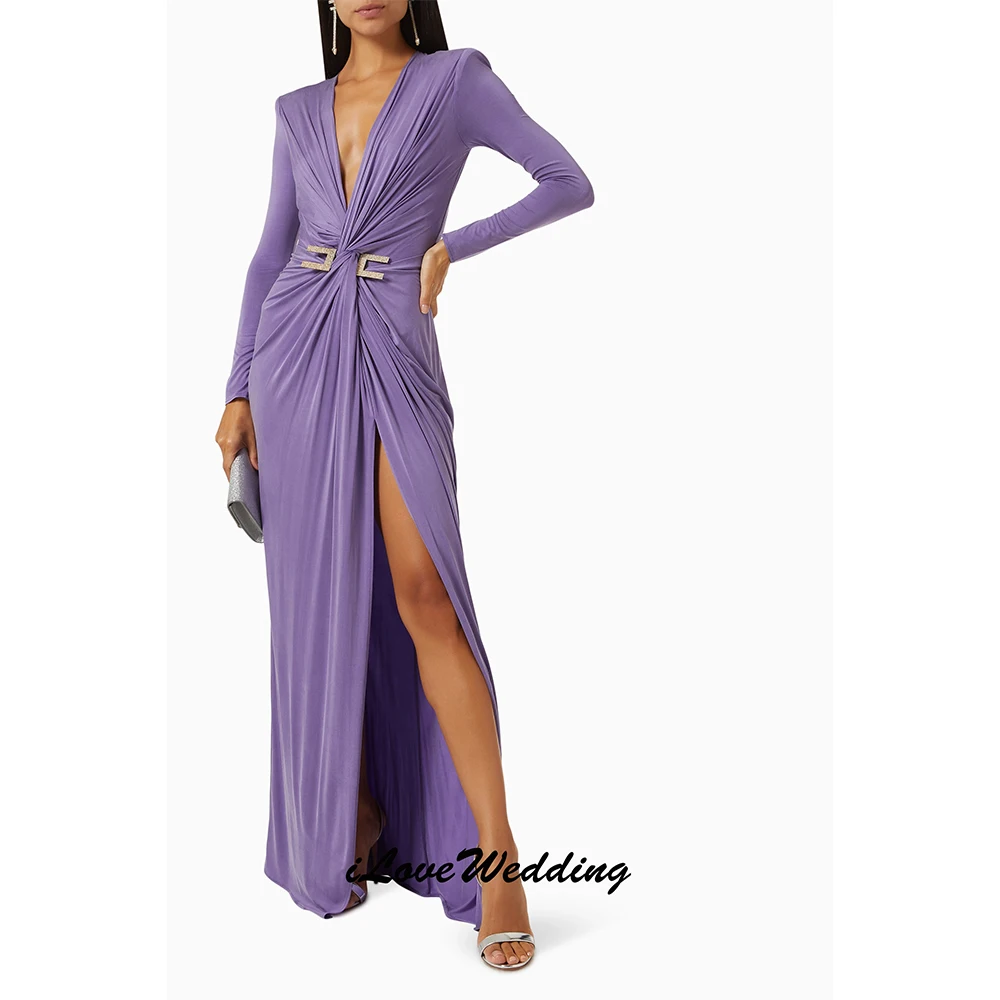 Black V-neck Evening Dresses 2025 Long Sleeve Belt Mermaid Side Split Floor-Length Arabic Pleated Wedding Party Dress  Customize image 2