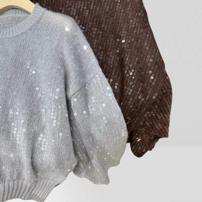 Пуловер для тяжелой промышленности с блестками, топ из 50% шерсти Haima, 14% шерсть, 36% нейлон, уютный свитер с воротником для женщин, холодная погода AI0955