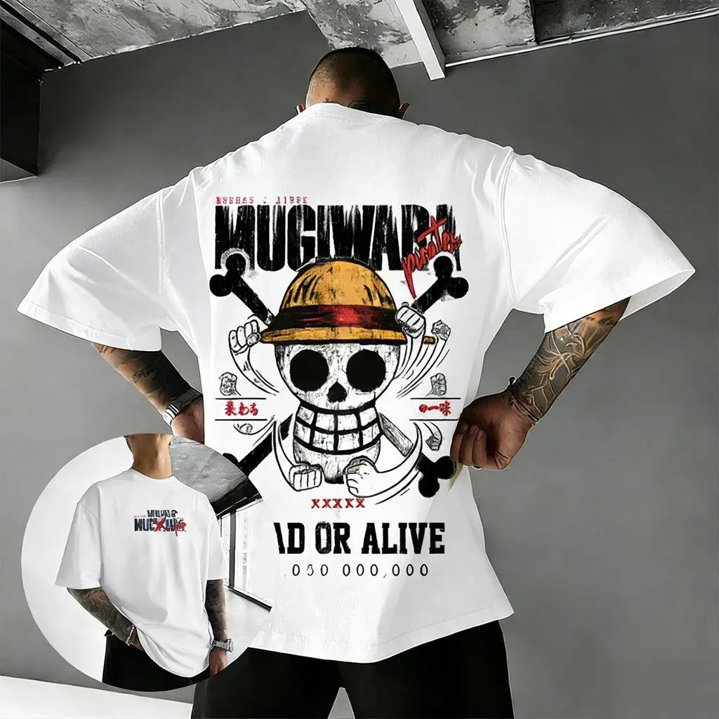 T-shirt One Piece pour homme, été, motif tête de mort Mugiwara Straw Hat Pirates Wanted, manches courtes, streetwear, coupe ample, haut pour fans d'anime