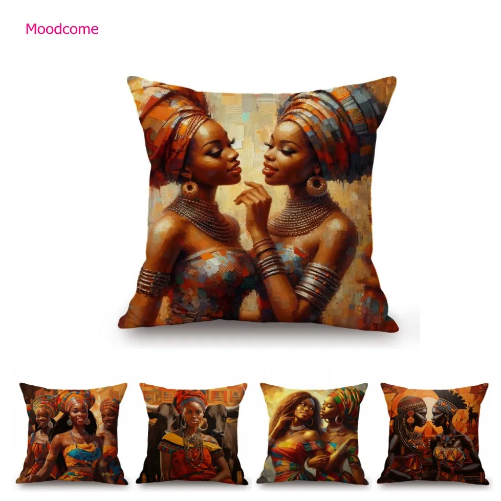 

Beautiful African Girl Traditional Africa Costume Fashion Art Lady Oil Painting Ethnic Style Sofa Pillow Case Cushion Cover