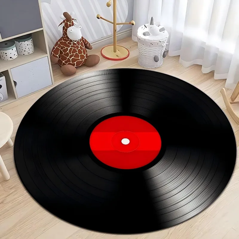 Vintage Retro Vinyl Record Disk Print Round Floor Mat, Classic Music‑Inspired Art Rug, Non‑Slip for Home Interior Ornament
