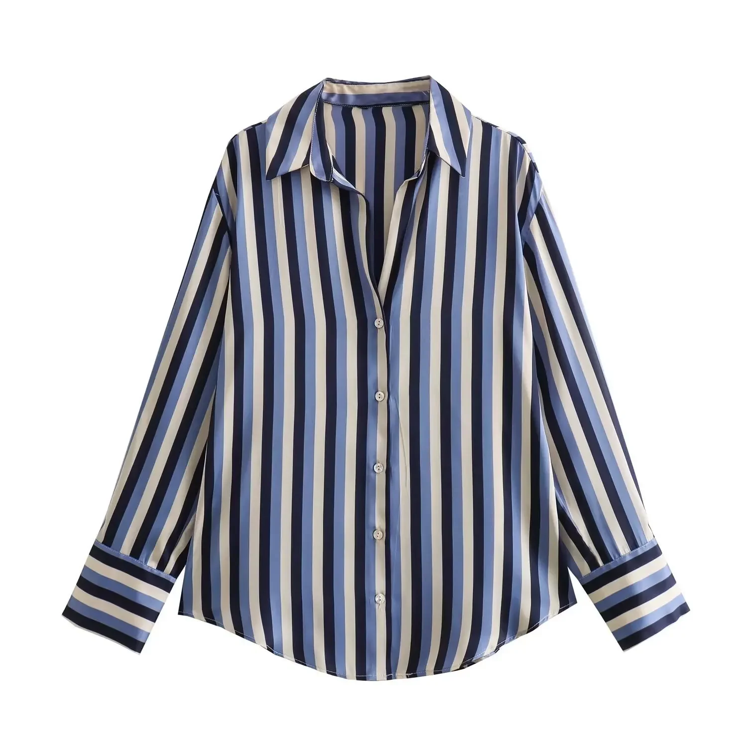 

new women's clothing European and American versatile striped lapel collar single-breasted long-sleeved silk satin textured shirt