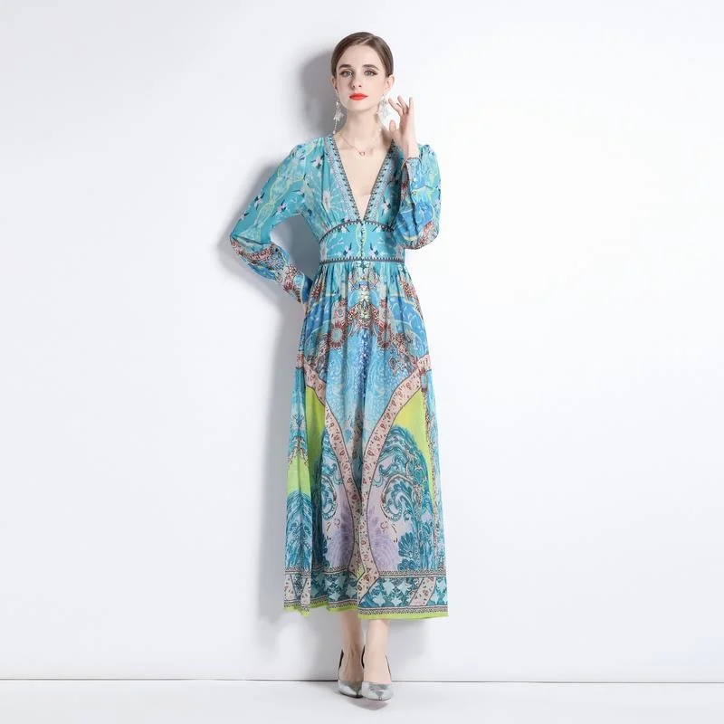 V-neck Sexy Fresh Green Color Floral Chiffon Dresses Feminino Big Swing Fashion Ethnic Corest High Waist Vacation Vestidos