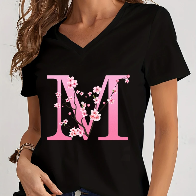 Letter M Floral Monogram Shirt for Women V Collar Graphic 26 Alphabet Floral T Shirts Womens Cherry Blossom Tops Female Clothing