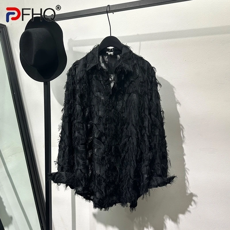 PFHQ Trendy Hollow Out Male Shirts Print Long Sleeve Handsome Light Luxury Comfortable Single Breasted Summer Tops Men\'s 21Z4380