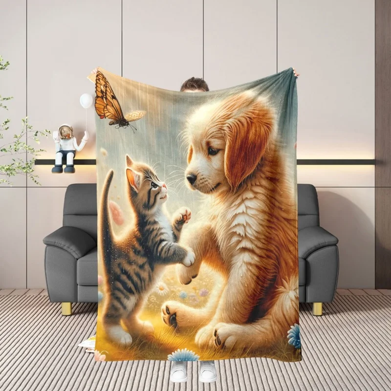 Cute Kitten Puppy Flannel Blanket Soft Dog Cat Heart Reflection Fleece Blanket Cozy Warm Throw Blankets For Sofa Bed Kids Gift